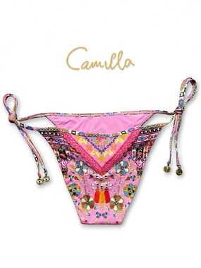 Camilla Patchwork Panorama Limited Edition Tassel Swim Bikini Bottom Pink S NWOT
